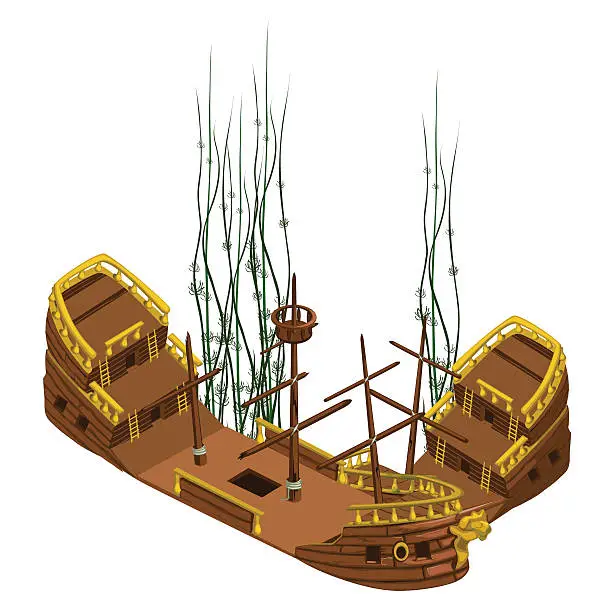 Vector illustration of Remains of pirate ship with algae, vector isolated