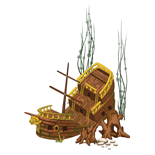 ilustraciones, imágenes clip art, dibujos animados e iconos de stock de barco de madera viejo roto rodeado de raíces - sunken