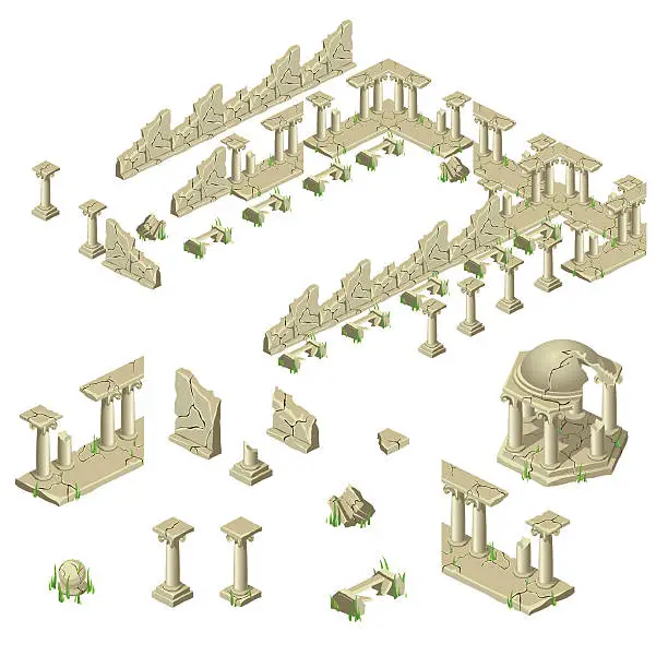 Vector illustration of Ruins of the city walls, columns and gazebos