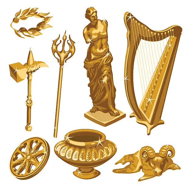Vector illustration of Harp, statue, weapons and other items of antiquity
