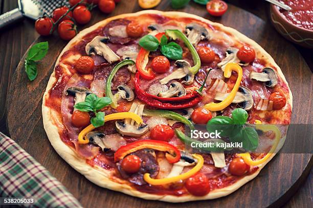 Pizza With Ingredients Stock Photo - Download Image Now - 2015, Bacon, Baked