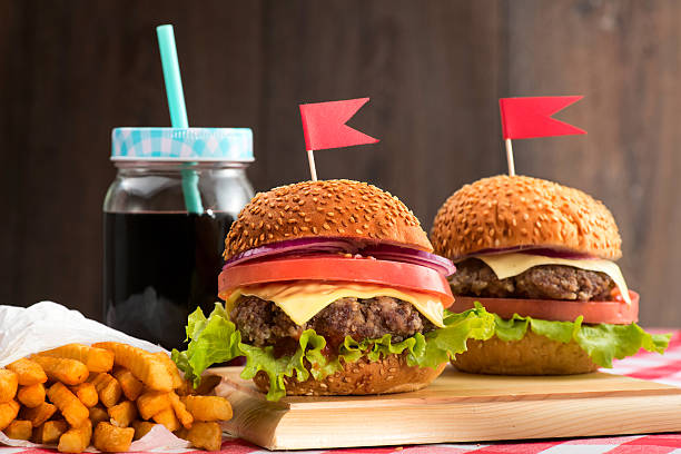 Tasty burgers with flags stock photo
