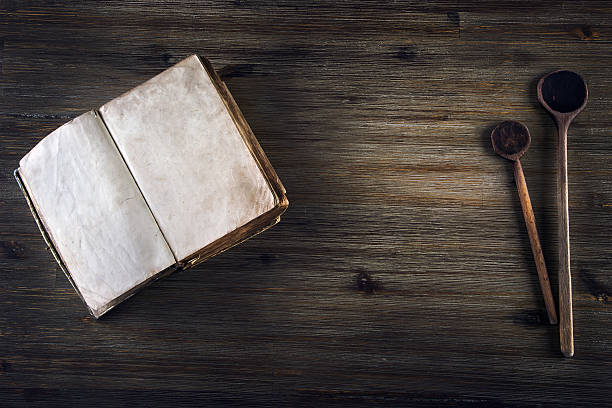istock Old open book without text and old wooden spoon. 538206433