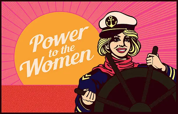 Vector illustration of Power to the Women! Determined woman holding helm, driving boat