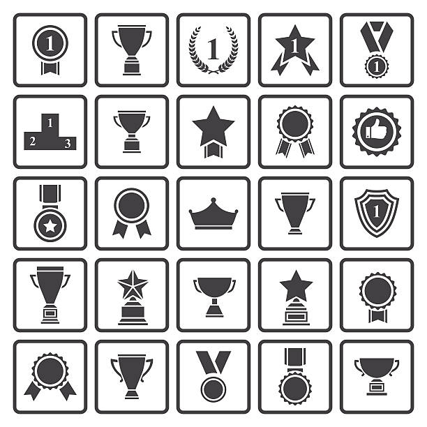 Black avards  icons set Big set of  black vector award success and victory icons with trophies,stars,cups,ribbons,rosettes,medals,medallions ,wreath, podium number 1 illustrations stock illustrations