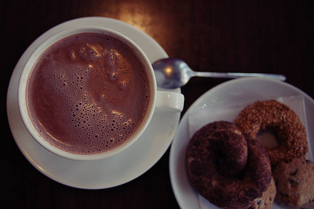 A closeup shot of a hot chocolate in a cup on a wooden table