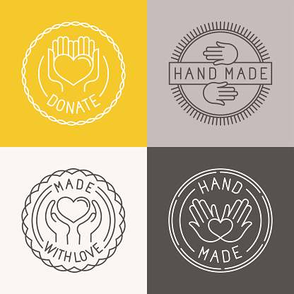 Vector hand made labels and badges in linear trendy style - hand made, made with love, donate