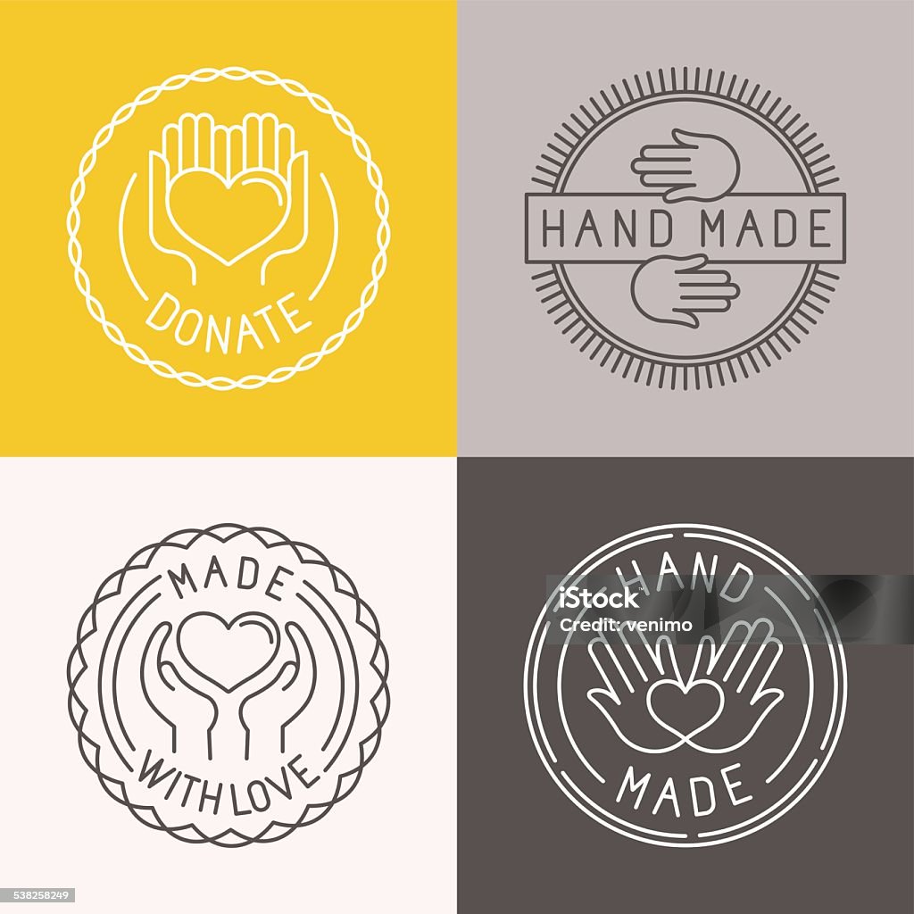 Vector hand made labels and badges Vector hand made labels and badges in linear trendy style - hand made, made with love, donate Craft stock vector