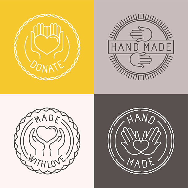 Vector hand made labels and badges Vector hand made labels and badges in linear trendy style - hand made, made with love, donate homemade stock illustrations
