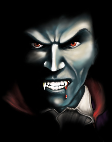 A ghoulish, blood sucking Vampire emerges from the shadows in this high resolution digital illustration created by myself, James Picton, using Adobe Photoshop and Corel Painter (refer to www.artofjimbo.com).  