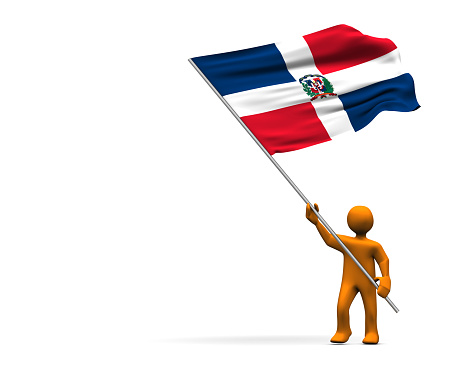 Orange cartoon with a big flag of Dominican Republic, isolated on white.