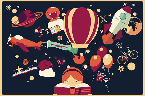 ilustrações, clipart, desenhos animados e ícones de imaginação conceito de menina lendo um livro com balão de ar - dia das crianças