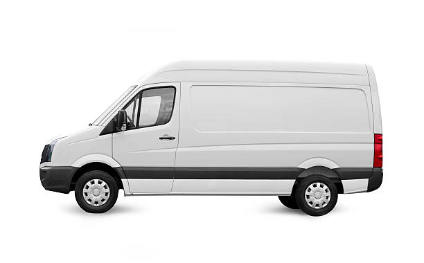 White Van - Ready For Branding, isolated on white White delivery van with blank sides. Side view of a new white washed fresh modern van. One vehicle standing In front of a white background. Please stick on your own advertising and drive it off! transporter stock pictures, royalty-free photos & images