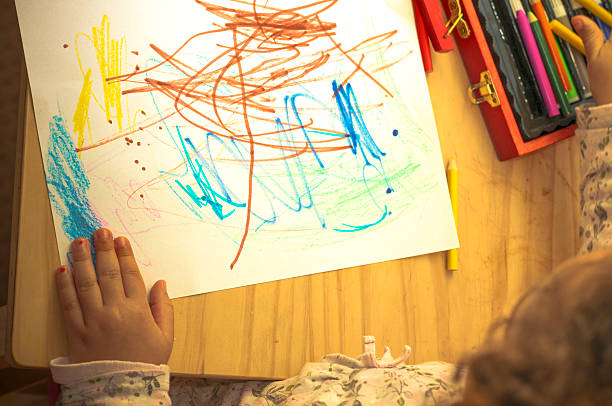 Overhead View of Girl (4-5) Using Pencils. Shot from overhead with the art case on her right and the child on the left. This file has a 