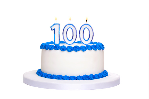 Birthday cake with candles reading 100