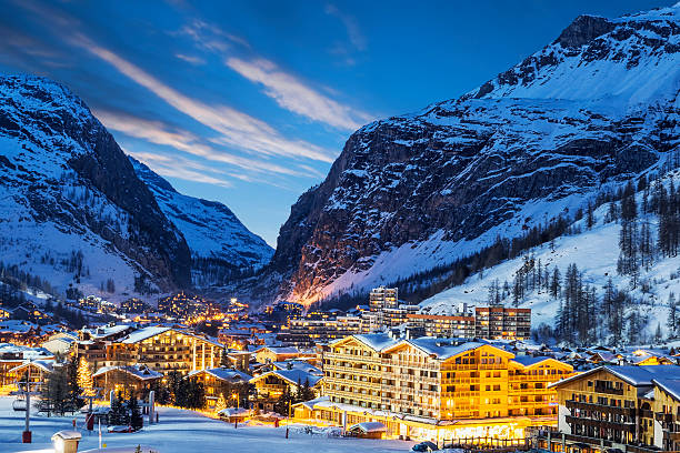 ski resort in French Alps Evening landscape and ski resort in French Alps, Val d'Isere, France savoie photos stock pictures, royalty-free photos & images