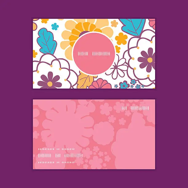 Vector illustration of Vector colorful oriental flowers vertical round frame pattern business cards