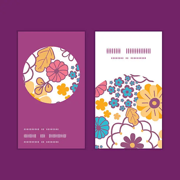 Vector illustration of Vector colorful oriental flowers vertical round frame pattern business cards