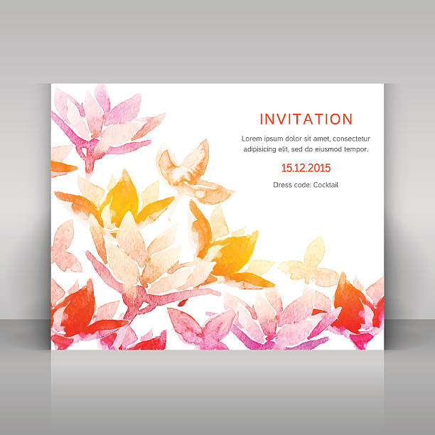 ilustraciones, imágenes clip art, dibujos animados e iconos de stock de invitación con flores acuarela. - autumn leaf single flower flower