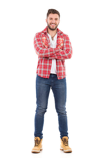 hombre atractivo en camisa de leñador - lumberjack shirt fotografías e imágenes de stock