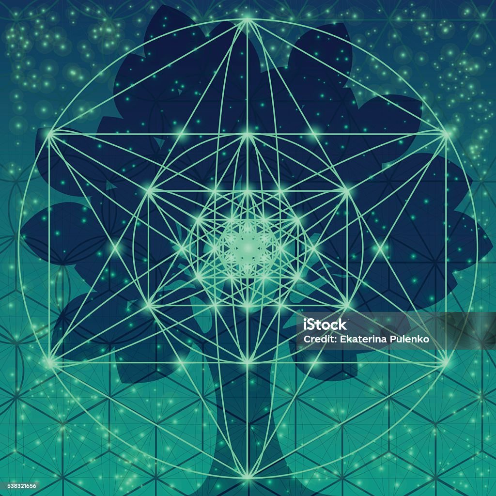 Sacred geometry symbols and elements. Tree with sacred geometry symbols and elements. Sacred mesh background. Alchemy, religion, philosophy, astrology and spirituality themes. Geometric religion sign. Abstract stock vector