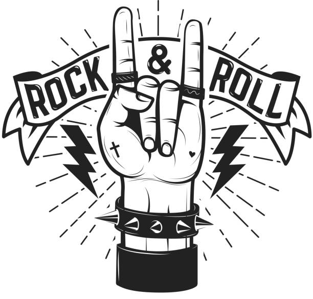 ilustraciones, imágenes clip art, dibujos animados e iconos de stock de rock and roll señal de pare. mano humana con metales pesados señal de pare. - roll of arms