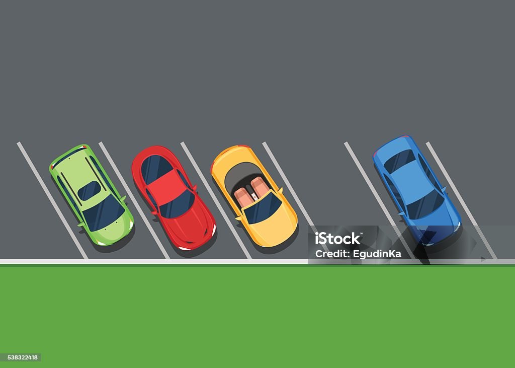 Colored Parked cars on the parking Colored Parked cars on the parking, top view. One free place. Color Flat style vector illustration background for web design or print Parking Lot stock vector