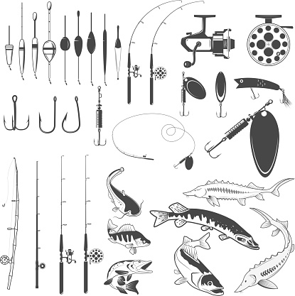 Set of fishing tools, river fish icons, equipment for fishing. Design element for label, emblem, sign, badge, flyer. Vector illustration.