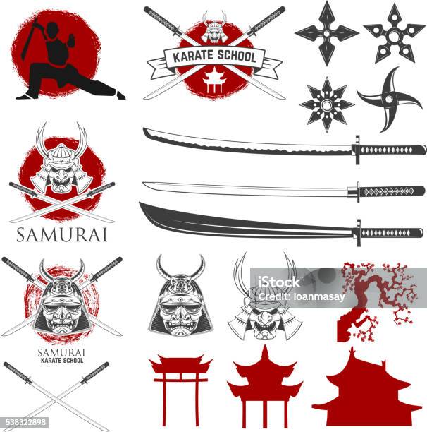 Set Of Karate School Labels Emblems And Design Elements Katana Stock Illustration - Download Image Now