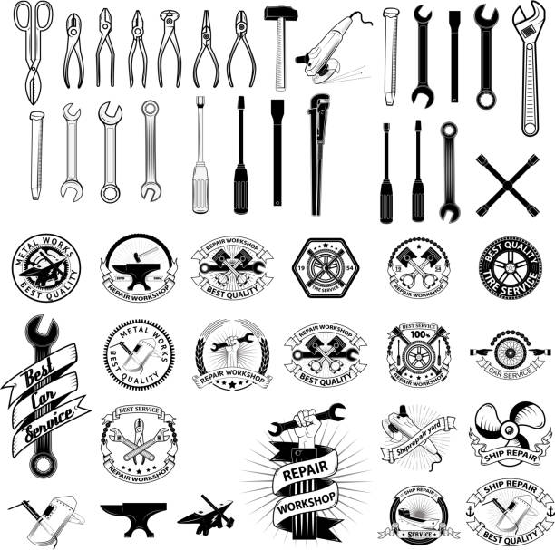 Set of repair, service workshop labels and design elements. Set of repair, service workshop labels and design elements. Vector elements for label, emblem, badge, sign. wrench spanner work tool hand tool stock illustrations