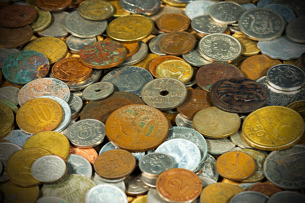 Macro photography of many old and vintage European coins
