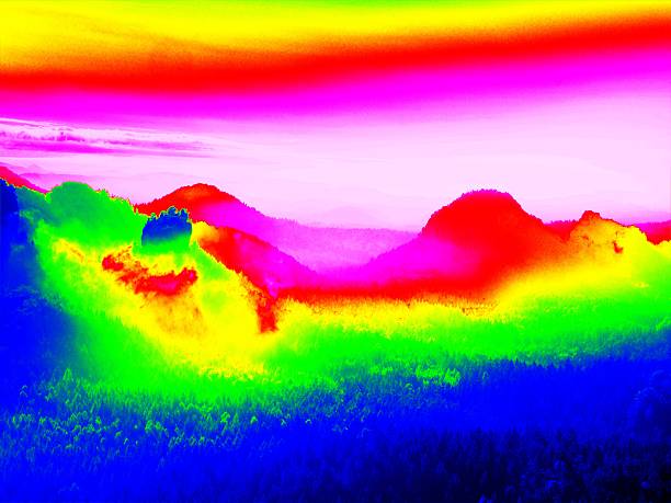 Amazing thermography photo of hilly landscape. Colorful sunset above stock photo