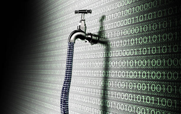 concept of leaky software, data with a tap sticking out - data leak stockfoto's en -beelden