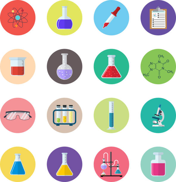 Set icon chemicals Chemical icons. Science, education, chemistry, experiment and laboratory concept. vector illustration in flat design beaker stock illustrations