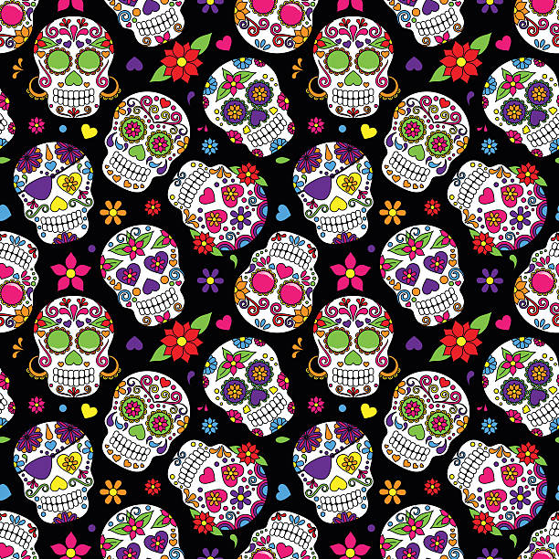 illustrazioni stock, clip art, cartoni animati e icone di tendenza di giorno dei morti zucchero teschio sfondo vettoriale senza cuciture - day of the dead skull tattoo mexico
