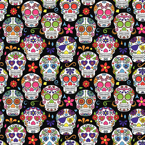 illustrazioni stock, clip art, cartoni animati e icone di tendenza di giorno dei morti zucchero teschio sfondo vettoriale senza cuciture - day of the dead skull tattoo mexico