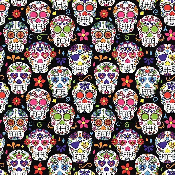 ilustrações de stock, clip art, desenhos animados e ícones de dia do crânio morto sem costura vector fundo do açúcar - spooky cemetery single flower flower