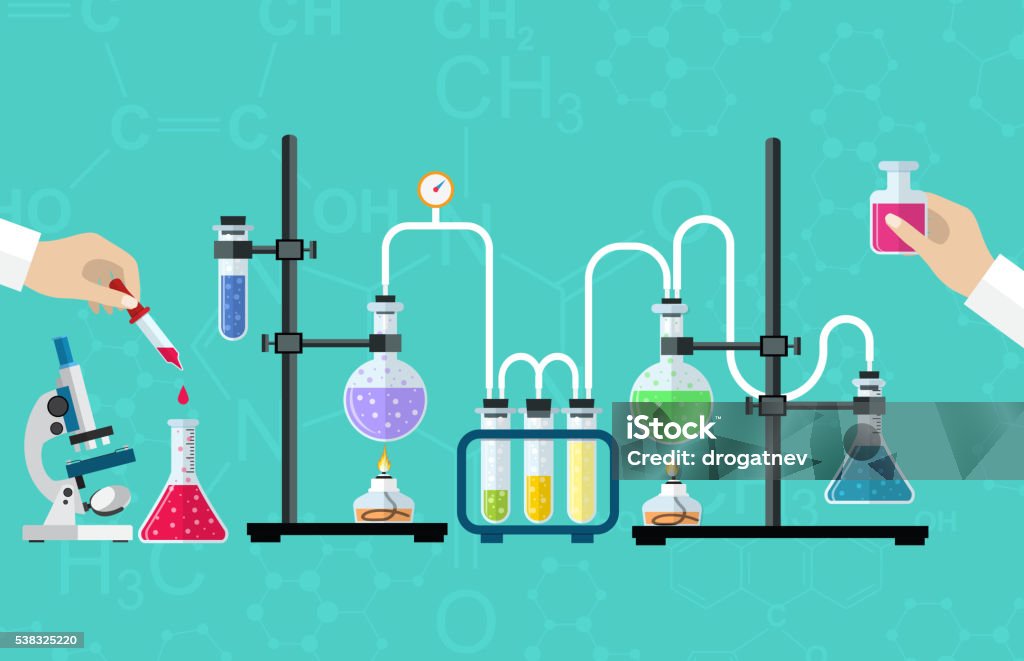 Medical Laboratory Desktop Medical Laboratory. Research, testing, studies in chemistry, physics, biology. laboratory equipment. Hands of doctor with pipette and test tube. Desktop research. Vector illustration flat design. Chemistry stock vector