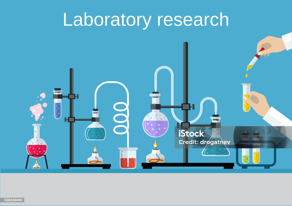 Chemists scientists equipment. Chemists scientists equipment. flat design workspace concept. Chemistry and physics biology infographic icons. Laboratory lab with alembic vial hourglass dropper, vector illustration Laboratory stock vector