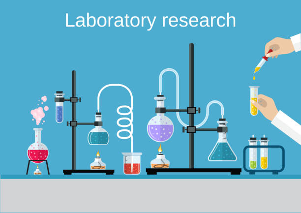 Chemists scientists equipment. Chemists scientists equipment. flat design workspace concept. Chemistry and physics biology infographic icons. Laboratory lab with alembic vial hourglass dropper, vector illustration chemistry stock illustrations