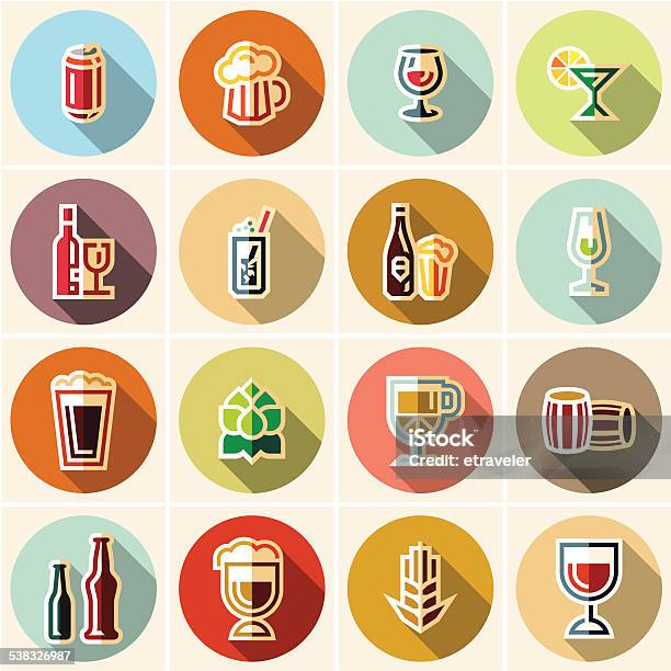 Vector Flat Beer And Wine Icons Set Stock Illustration - Download Image Now - 2015, Alcohol - Drink, Bar - Drink Establishment