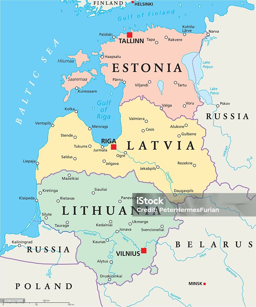 Baltic States Political Map Baltic States Political Map. Estonia, Latvia and Lithuania with capitals Tallinn, Riga and Vilnius. With national borders, important cities, rivers and lakes. English labeling and scaling. Map stock vector