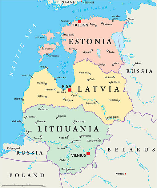 Baltic States Political Map Baltic States Political Map. Estonia, Latvia and Lithuania with capitals Tallinn, Riga and Vilnius. With national borders, important cities, rivers and lakes. English labeling and scaling. kaliningrad stock illustrations