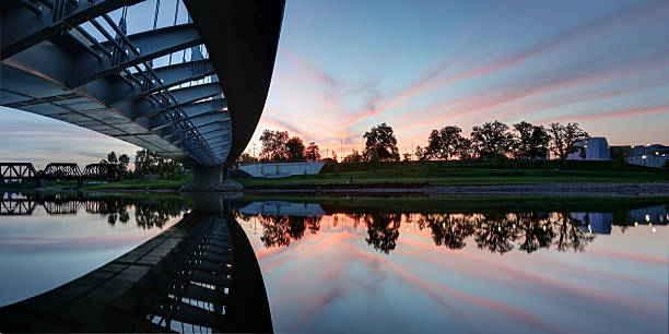 Panoramic from under the Main Street bridge at dusk with vibrant sky and smooth reflection in the river. 