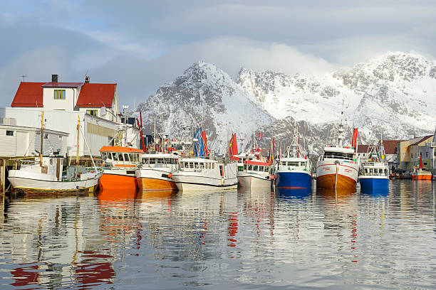 낚시는요 보트가 henningsvaer 겨울에 이 로포텐, 노르웨이 - lofoten henningsvaer norway village 뉴스 사진 이미지