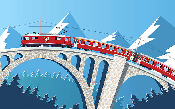 ilustraciones, imágenes clip art, dibujos animados e iconos de stock de montaña tren en el puente a través de los alpes - switzerland