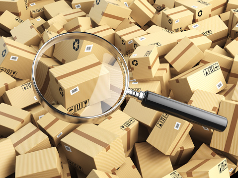Delivery, shipping, logistics concept. Cardboard box tracking search. Loupe and boxes. 3d illustraion