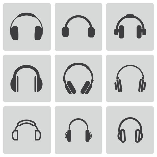 vector black headphone icons set - kulaklık seti ses ekipmanı stock illustrations