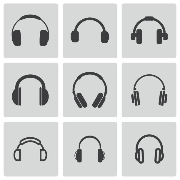 Vector black headphone icons set Vector black headphone icons set on grey background microphone silhouettes stock illustrations