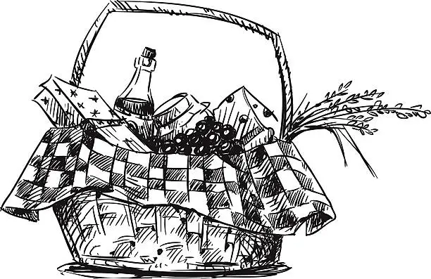 Vector illustration of Picnic basket with snack. Hand drawn.